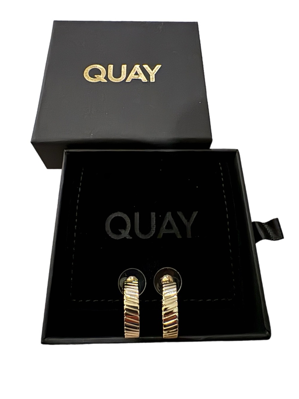 Quay Australia Etched Hoop Earrings Gold Tone New With Box and Pouch